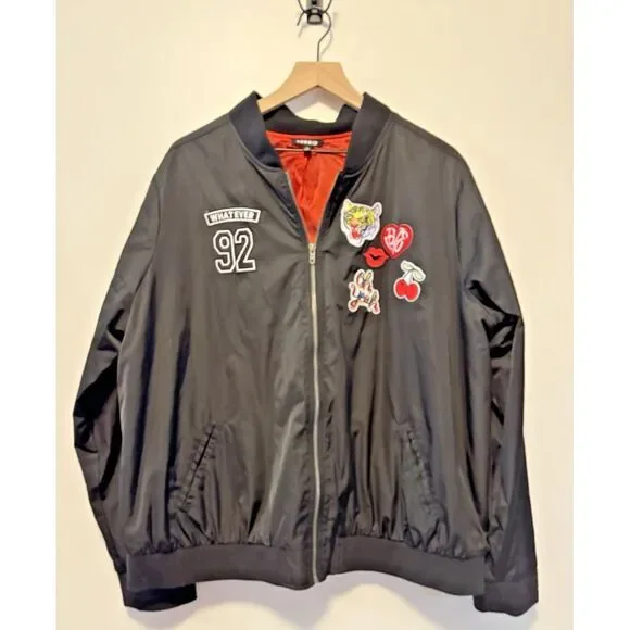 Torrid Bomber Jacket Women's Size 3/3X Patches Whatever 92 Love Cherries Lips - Picture 1 of 6